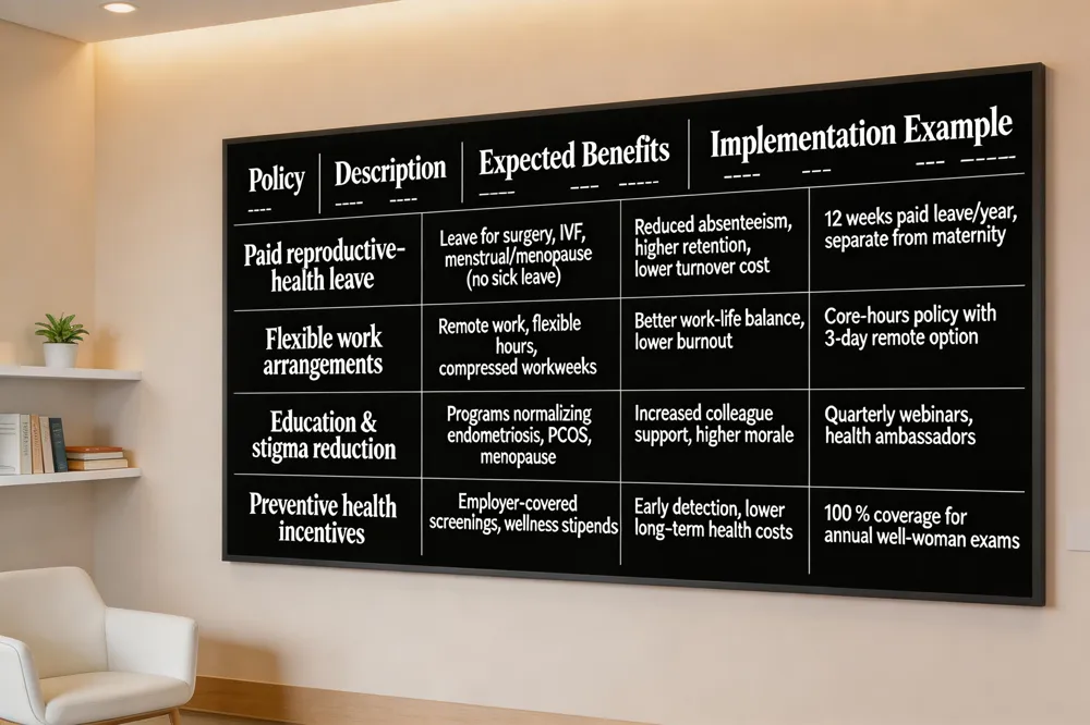 Policy | Description | Expected Benefits | Implementation Example |
|---|---|---|---|
| Paid reproductive‑health leave | Leave for surgery, IVF, menstrual issues, menopause without using sick leave | Reduced absenteeism, higher retention, lower turnover cost | 12 weeks paid leave per year, separate from maternity |
| Flexible work arrangements | Remote work, flexible hours, compressed workweeks | Better work‑life balance, lower burnout | Core‑hours policy with 3‑day remote option |
| Education & stigma reduction | Programs normalizing endometriosis, PCOS, menopause | Increased colleague support, higher morale | Quarterly webinars, health ambassadors |
| Preventive health incentives | Employer‑covered screenings, wellness stipends | Early detection, lower long‑term health costs | 100 % coverage for annual well‑woman exams
