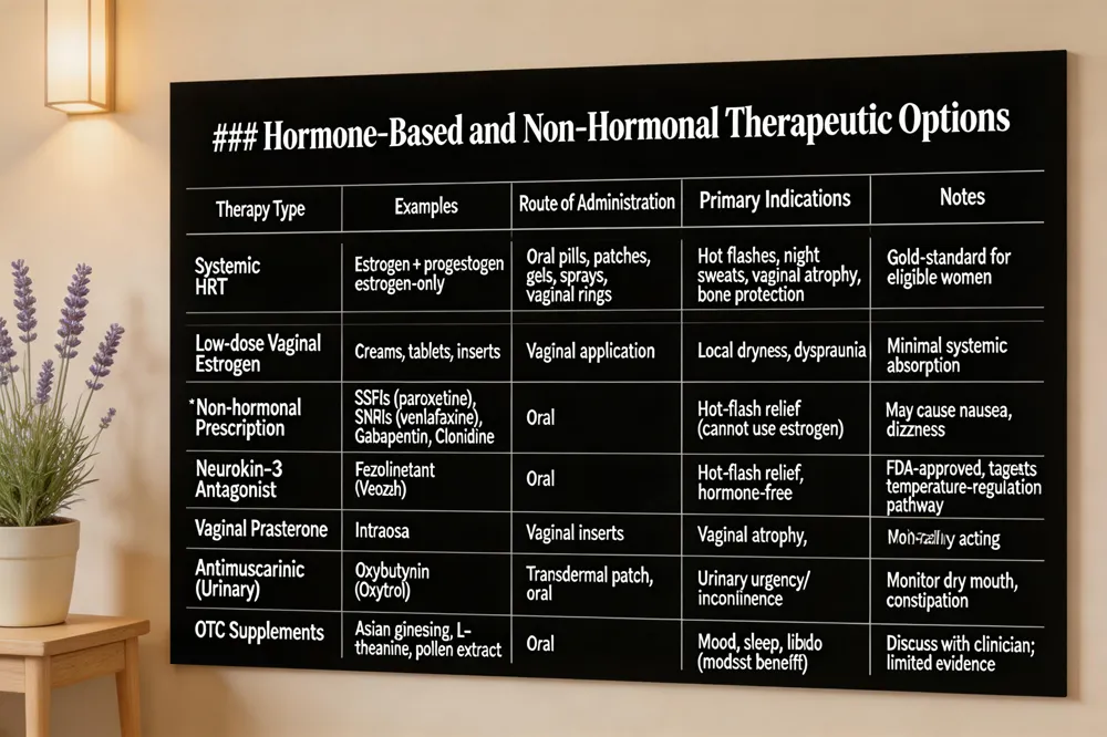 ### Hormone‑Based and Non‑Hormonal Therapeutic Options
| Therapy Type | Examples | Route of Administration | Primary Indications | Notes |
|---|---|---|---|---|
| Systemic Hormone Replacement Therapy (HRT) | Estrogen + progestogen (combination) or estrogen‑only | Oral pills, transdermal patches, gels, sprays, vaginal rings | Hot flashes, night sweats, vaginal atrophy, bone protection | Gold‑standard for women without contraindications |
| Low‑dose Vaginal Estrogen | Creams, tablets, inserts | Vaginal application | Local dryness, dyspareunia | Minimal systemic absorption |
| Non‑hormonal Prescription | SSRIs (e.g., paroxetine), SNRIs (e.g., venlafaxine), Gabapentin, Clonidine | Oral | Hot‑flash relief for women who cannot use estrogen | May cause side‑effects (e.g., nausea, dizziness) |
| Neurokinin‑3 Antagonist | Fezolinetant (Veozah) | Oral | Hot‑flash relief, hormone‑free | Recently FDA‑approved, targets temperature‑regulation pathway |
| Vaginal Prasterone | Intrarosa | Vaginal inserts | Vaginal atrophy, dyspareunia | Non‑estrogenic, locally acting |
| Antimuscarinic for Urinary Urgency | Oxybutynin (Oxytrol) | Transdermal patch, oral | Urinary urgency/incontinence | Monitor for dry mouth, constipation |
| OTC Supplements (optional) | Asian ginseng, L‑theanine, pollen extract | Oral | Mood, sleep, libido (modest benefit) | Discuss with clinician; limited evidence |
