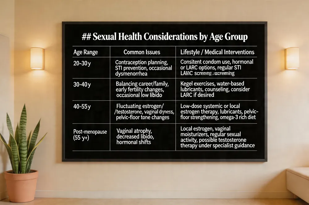 ### Sexual Health Considerations by Age Group
| Age Range | Common Issues | Lifestyle / Medical Interventions |
|---|---|---|
| 20‑30 y | Contraception planning, STI prevention, occasional dysmenorrhea | Consistent condom use, hormonal or LARC options, regular STI screening |
| 30‑40 y | Balancing career/family, early fertility changes, occasional low libido | Kegel exercises, water‑based lubricants, counseling, consider LARC if desired |
| 40‑55 y | Fluctuating estrogen/testosterone, vaginal dryness, pelvic‑floor tone changes | Low‑dose systemic or local estrogen therapy, lubricants, pelvic‑floor strengthening, omega‑3 rich diet |
| Post‑menopause (55 y+) | Vaginal atrophy, decreased libido, hormonal shifts | Local estrogen, vaginal moisturizers, regular sexual activity, possible testosterone therapy under specialist guidance |
