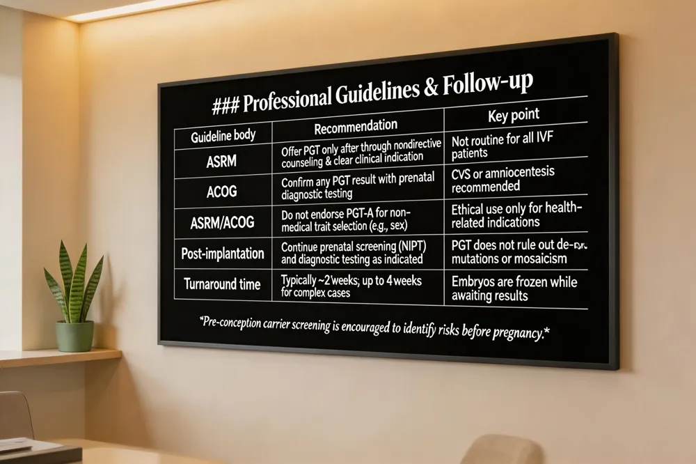 ### Professional Guidelines & Follow‑up
| Guideline body | Recommendation | Key point |
|---|---|---|
| ASRM | Offer PGT only after thorough nondirective counseling & clear clinical indication | Not routine for all IVF patients |
| ACOG | Confirm any PGT result with prenatal diagnostic testing | CVS or amniocentesis recommended |
| ASRM/ACOG | Do not endorse PGT‑A for non‑medical trait selection (e.g., sex) | Ethical use only for health‑related indications |
| Post‑implantation | Continue prenatal screening (NIPT) and diagnostic testing as indicated | PGT does not rule out de‑novo mutations or mosaicism |
| Turnaround time | Typically ~2 weeks; up to 4 weeks for complex cases | Embryos are frozen while awaiting results |
Pre‑conception carrier screening is encouraged to identify risks before pregnancy.