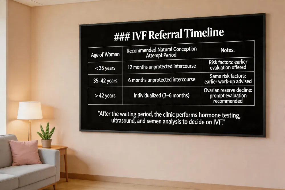 ### IVF Referral Timeline
| Age of Woman | Recommended Natural Conception Attempt Period | Notes |
|---|---|---|
| < 35 years | 12 months of unprotected intercourse | If risk factors (e.g., tubal blockage, severe endometriosis, low ovarian reserve) are present, earlier evaluation is offered. |
| 35–42 years | 6 months of unprotected intercourse | Same risk‑factor considerations apply; earlier work‑up may be advised. |
| > 42 years | Individualized; often referral after 3–6 months | Higher age‑related declines in ovarian reserve; prompt evaluation recommended. |
After the waiting period, the clinic performs hormone testing, ultrasound, and semen analysis to decide on IVF.