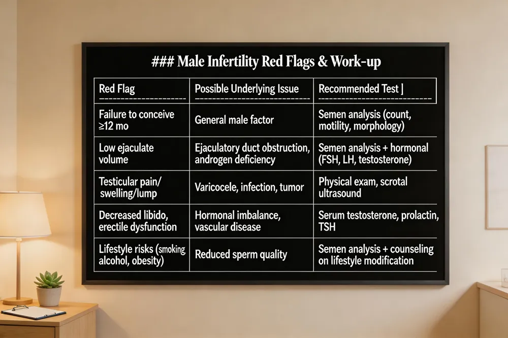 ### Male Infertility Red Flags & Work‑up
| Red Flag | Possible Underlying Issue | Recommended Test |
|---|---|---|
| Failure to conceive ≥12 mo | General male factor | Semen analysis (count, motility, morphology) |
| Low ejaculate volume | Ejaculatory duct obstruction, androgen deficiency | Semen analysis + hormonal panel (FSH, LH, testosterone) |
| Testicular pain/swelling/lump | Varicocele, infection, tumor | Physical exam, scrotal ultrasound |
| Decreased libido, erectile dysfunction | Hormonal imbalance, vascular disease | Serum testosterone, prolactin, TSH |
| Lifestyle risks (smoking, alcohol, obesity) | Reduced sperm quality | Semen analysis + counseling on lifestyle modification |
