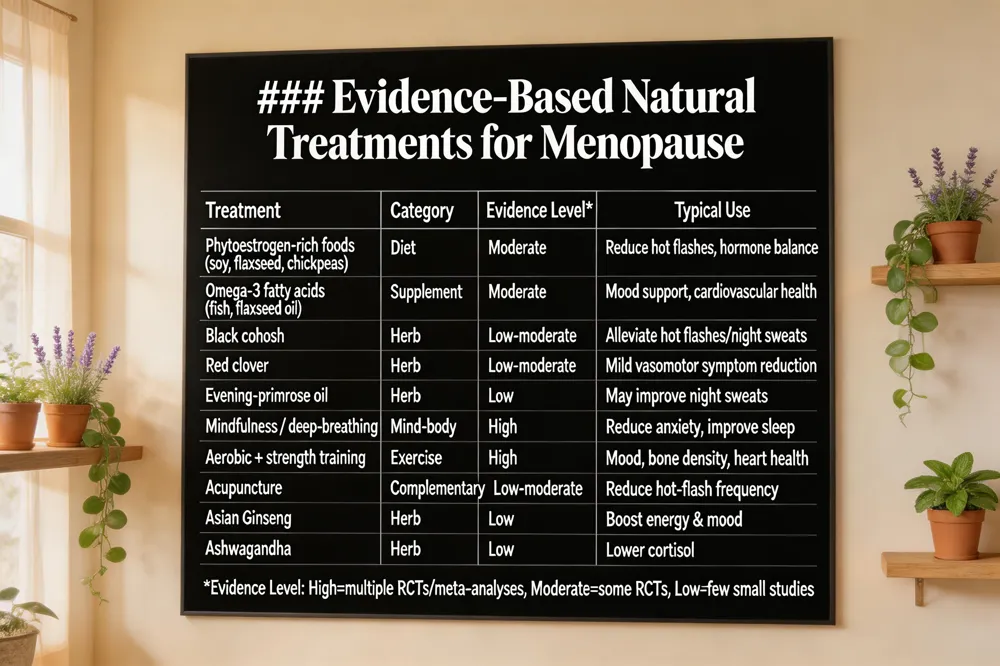 ### Evidence‑Based Natural Treatments for Menopause
| Treatment | Category | Evidence Level* | Typical Use |
|---|---|---|---|
| Phytoestrogen‑rich foods (soy, flaxseed, chickpeas) | Diet | Moderate (observational & small RCTs) | Reduce hot flashes, support hormone balance |
| Omega‑3 fatty acids (fish, flaxseed oil) | Supplement | Moderate | Mood support, cardiovascular health, anti‑inflammatory |
| Black cohosh | Herb | Low‑moderate (mixed RCT results) | Alleviate hot flashes & night sweats |
| Red clover | Herb | Low‑moderate | Mild reduction in vasomotor symptoms |
| Evening‑primrose oil | Herb | Low | May improve night sweats; evidence limited |
| Mindfulness meditation / deep‑breathing | Mind‑body | High (systematic reviews) | Reduce anxiety, improve sleep, lower perceived flashes |
| Regular aerobic + strength training | Exercise | High | Improves mood, bone density, cardiovascular health |
| Acupuncture | Complementary therapy | Low‑moderate | Modest benefit for hot‑flash frequency |
| Ginseng (Asian) | Herb | Low | May boost energy & mood; dosing not standardized |
| Ashwagandha (adaptogen) | Herb | Low | Potential cortisol‑lowering effect; limited data |
*Evidence level reflects the quantity and quality of clinical research (High = multiple RCTs/meta‑analyses, Moderate = some RCTs, Low = few or small studies). | 