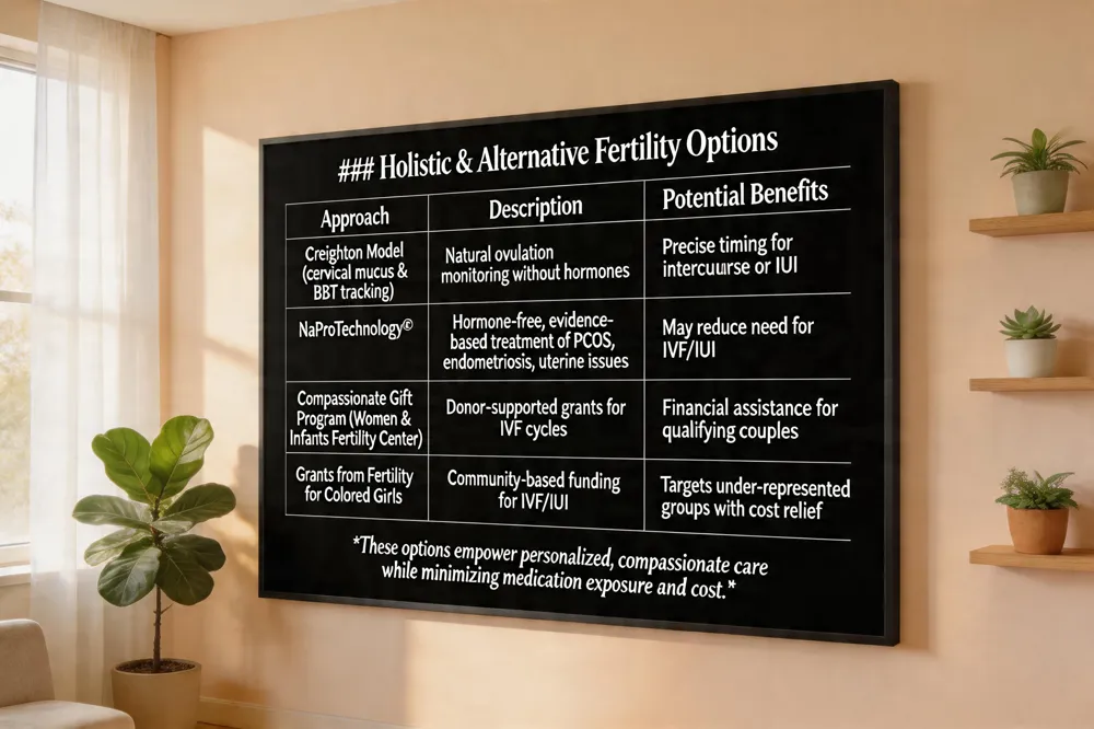 ### Holistic & Alternative Fertility Options
| Approach | Description | Potential Benefits |
|---|---|---|
| Creighton Model (cervical mucus & BBT tracking) | Natural ovulation monitoring without hormones | Precise timing for intercourse or IUI |
| NaProTechnology® | Hormone‑free, evidence‑based treatment of PCOS, endometriosis, uterine issues | May reduce need for IVF/IUI |
| Compassionate Gift Program (Women & Infants Fertility Center) | Donor‑supported grants for IVF cycles | Financial assistance for qualifying couples |
| Grants from Fertility for Colored Girls | Community‑based funding for IVF/IUI | Targets under‑represented groups with cost relief |
These options empower personalized, compassionate care while minimizing medication exposure and cost.