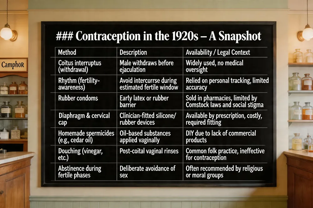 ### Contraception in the 1920s – A Snapshot
| Method | Description | Availability / Legal Context |
|---|---|---|
| Coitus interruptus (withdrawal) | Male withdraws before ejaculation | Widely used, no medical oversight |
| Rhythm (fertility‑awareness) | Avoid intercourse during estimated fertile window | Relied on personal tracking, limited accuracy |
| Rubber condoms | Early latex or rubber barrier | Sold in pharmacies, limited by Comstock laws and social stigma |
| Diaphragm & cervical cap | Clinician‑fitted silicone/rubber devices | Available by prescription, costly, required fitting |
| Homemade spermicides (e.g., cedar oil) | Oil‑based substances applied vaginally | DIY due to lack of commercial products |
| Douching (vinegar, etc.) | Post‑coital vaginal rinses | Common folk practice, ineffective for contraception |
| Abstinence during fertile phases | Deliberate avoidance of sex | Often recommended by religious or moral groups |
