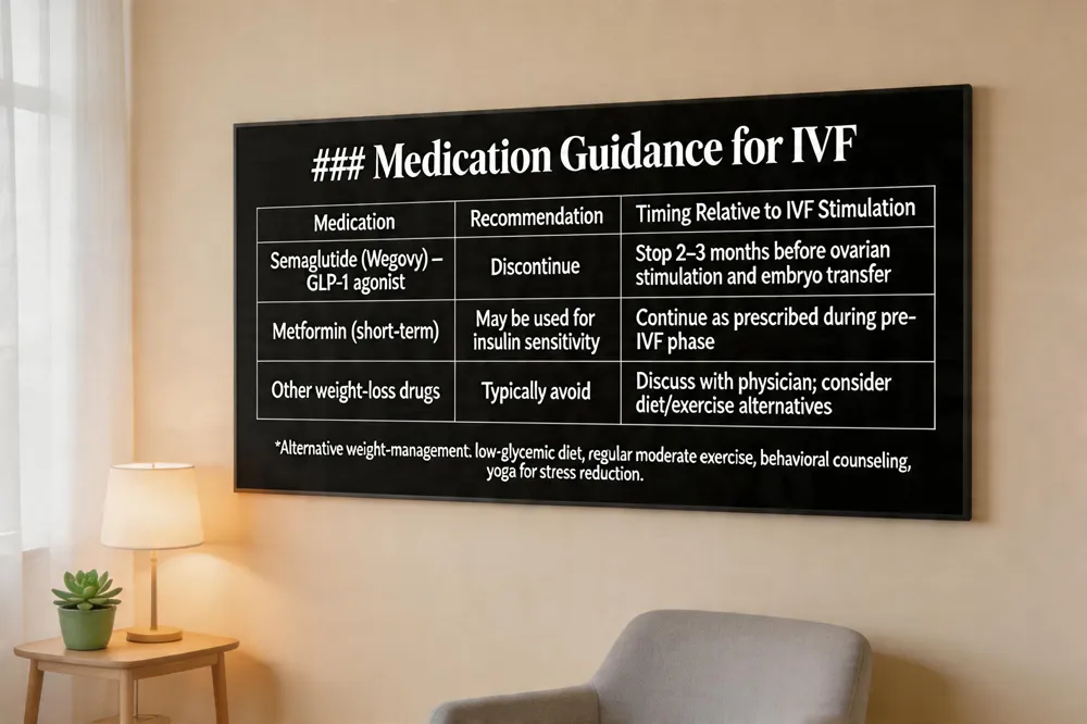 ### Medication Guidance for IVF
| Medication | Recommendation | Timing Relative to IVF Stimulation |
|---|---|---|
| Semaglutide (Wegovy) – GLP‑1 agonist | Discontinue | Stop 2–3 months before ovarian stimulation and embryo transfer |
| Metformin (short‑term) | May be used for insulin sensitivity | Continue as prescribed during pre‑IVF phase |
| Other weight‑loss drugs | Typically avoid | Discuss with physician; consider diet/exercise alternatives |
Alternative weight‑management: low‑glycemic diet, regular moderate exercise, behavioral counseling, yoga for stress reduction.