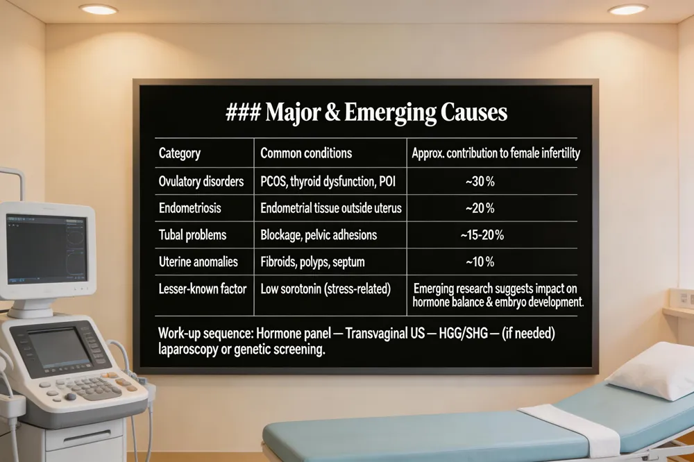 ### Major & Emerging Causes
| Category | Common conditions | Approx. contribution to female infertility |
|---|---|---|
| Ovulatory disorders | PCOS, thyroid dysfunction, premature ovarian insufficiency (POI) | ~30 % |
| Endometriosis | Endometrial tissue outside uterus | ~20 % |
| Tubal problems | Blockage, pelvic adhesions | ~15‑20 % |
| Uterine anomalies | Fibroids, polyps, septum | ~10 % |
| Lesser‑known factor | Low serotonin (stress‑related) | Emerging research suggests impact on hormone balance & embryo development |
Work‑up sequence: Hormone panel → Transvaginal US → HSG/SHG → (if needed) laparoscopy or genetic screening.