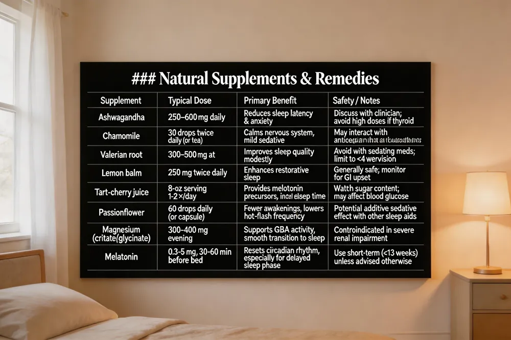 ### Natural Supplements & Remedies
| Supplement | Typical Dose | Primary Benefit | Safety / Notes |
|---|---|---|---|
| Ashwagandha | 250–600 mg daily | Reduces sleep latency & anxiety | Discuss with clinician; avoid high doses if thyroid disease |
| Chamomile | 30 drops twice daily (or tea) | Calms nervous system, mild sedative | May interact with anticoagulants |
| Valerian root | 300–500 mg at bedtime | Improves sleep quality modestly | Avoid with sedating meds; limit to <4 weeks without supervision |
| Lemon balm | 250 mg twice daily | Enhances restorative sleep | Generally safe; monitor for GI upset |
| Tart‑cherry juice | 8‑oz serving 1‑2 ×/day | Provides melatonin precursors, increases total sleep time | Watch sugar content; may affect blood glucose |
| Passionflower | 60 drops daily (or capsule) | Fewer awakenings, lowers hot‑flash frequency | Potential additive sedative effect with other sleep aids |
| Magnesium (citrate/glycinate) | 300‑400 mg evening | Supports GABA activity, smooth transition to sleep | Contraindicated in severe renal impairment |
| Melatonin | 0.3‑5 mg, 30‑60 min before bed | Resets circadian rhythm, especially for delayed sleep phase | Use short‑term (<13 weeks) unless advised otherwise |
