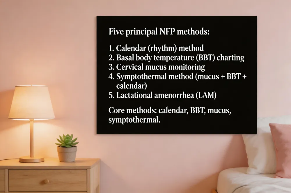 Five principal NFP methods:
- Calendar (rhythm) method
- Basal body temperature (BBT) charting
- Cervical mucus monitoring
- Symptothermal method (mucus + BBT + calendar)
- Lactational amenorrhea (LAM) Core methods: calendar, BBT, mucus, symptothermal.
