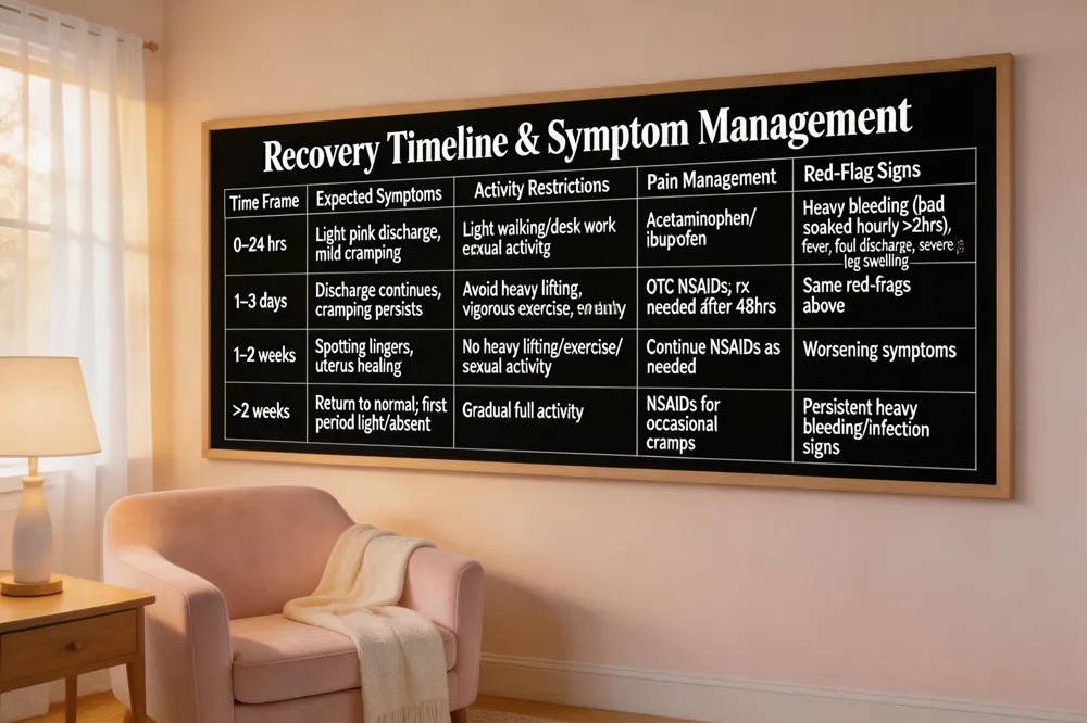 Recovery Timeline & Symptom Management
| Time Frame | Expected Symptoms | Activity Restrictions | Pain Management | Red‑Flag Signs (when to call provider) |
|---|---|---|---|---|
| 0–24 hrs | Light pink discharge, mild cramping | Light walking, desk work acceptable | Acetaminophen or ibuprofen | Heavy bleeding (pad soaked hourly >2 hrs), fever, foul discharge, severe pain, leg swelling |
| 1–3 days | Discharge may continue, cramping may persist | Avoid heavy lifting, vigorous exercise, sexual activity | OTC NSAIDs; prescription rarely needed after 48 hrs | Same red‑flags above |
| 1–2 weeks | Spotting may linger, uterus healing | No heavy lifting, no vigorous exercise, no sexual activity | Continue NSAIDs as needed | Any worsening symptoms |
| >2 weeks | Most return to normal activities; first period often light/absent | Gradual return to full activity | NSAIDs if occasional cramps | Persistent heavy bleeding or infection signs |
