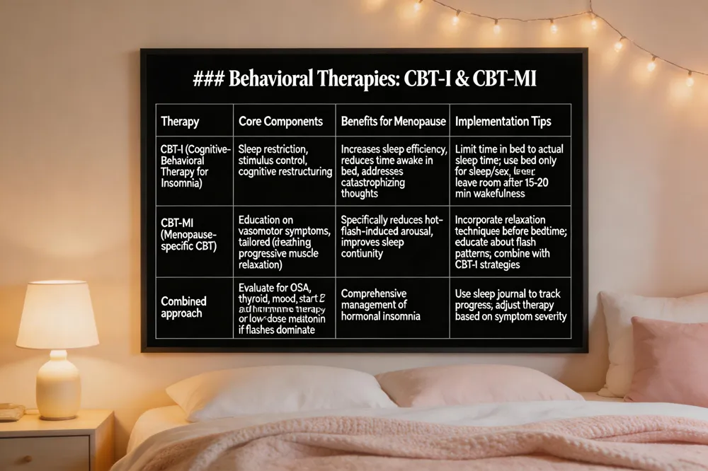 ### Behavioral Therapies: CBT‑I & CBT‑MI
| Therapy | Core Components | Benefits for Menopause | Implementation Tips |
|---|---|---|---|
| CBT‑I (Cognitive‑Behavioral Therapy for Insomnia) | Sleep restriction, stimulus control, cognitive restructuring | Increases sleep efficiency, reduces time awake in bed, addresses catastrophizing thoughts | Limit time in bed to actual sleep time; use bed only for sleep/sex; leave room after 15‑20 min wakefulness |
| CBT‑MI (Menopause‑specific CBT) | Education on vasomotor symptoms, tailored relaxation (deep breathing, progressive muscle relaxation) | Specifically reduces hot‑flash‑induced arousal, improves sleep continuity | Incorporate relaxation techniques before bedtime; educate about flash patterns; combine with CBT‑I strategies |
| Combined approach | Evaluate for OSA, thyroid, mood; start CBT‑I, add hormone therapy or low‑dose melatonin if flashes dominate | Comprehensive management of hormonal insomnia | Use sleep journal to track progress; adjust therapy based on symptom severity |

