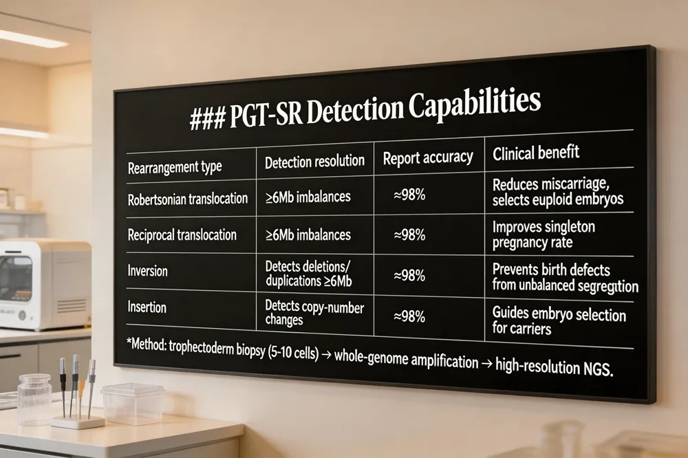 ### PGT‑SR Detection Capabilities
| Rearrangement type | Detection resolution | Report accuracy | Clinical benefit |
|---|---|---|---|
| Robertsonian translocation | ≥6 Mb imbalances | ≈98 % | Reduces miscarriage, selects euploid embryos |
| Reciprocal translocation | ≥6 Mb imbalances | ≈98 % | Improves singleton pregnancy rate |
| Inversion | Detects deletions/duplications ≥6 Mb | ≈98 % | Prevents birth defects from unbalanced segregation |
| Insertion | Detects copy‑number changes | ≈98 % | Guides embryo selection for carriers |
Method: trophectoderm biopsy (5‑10 cells) → whole‑genome amplification → high‑resolution NGS.