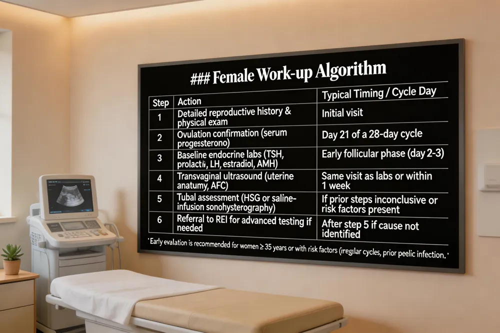 ### Female Work‑up Algorithm
| Step | Action | Typical Timing / Cycle Day |
|---|---|---|
| 1 | Detailed reproductive history & physical exam | Initial visit |
| 2 | Ovulation confirmation (serum progesterone) | Day 21 of a 28‑day cycle |
| 3 | Baseline endocrine labs (TSH, prolactin, FSH, LH, estradiol, AMH) | Early follicular phase (day 2‑3) |
| 4 | Transvaginal ultrasound (uterine anatomy, AFC) | Same visit as labs or within 1 week |
| 5 | Tubal assessment (HSG or saline‑infusion sonohysterography) | If prior steps inconclusive or risk factors present |
| 6 | Referral to REI for advanced testing if needed | After step 5 if cause not identified |
Early evaluation is recommended for women ≥ 35 years or with risk factors (irregular cycles, endometriosis, prior pelvic infection).