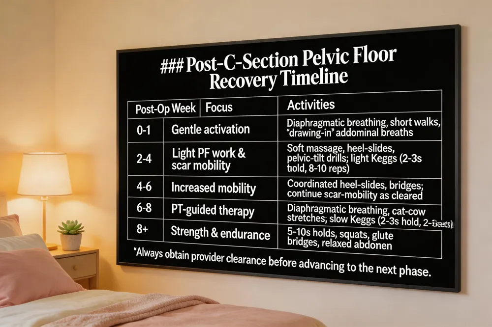 ### Post‑C‑Section Pelvic Floor Recovery Timeline
| Post‑Op Week | Focus | Activities |
|---|---|---|
| 0‑1 | Gentle activation | Diaphragmatic breathing, short walks, “drawing‑in” abdominal breaths |
| 2‑4 | Light PF work & scar mobility | Soft massage, heel‑slides, pelvic‑tilt drills; light Keggs (2‑3 s hold, 8‑10 reps) |
| 4‑6 | Increased mobility | Progress to coordinated heel‑slides, bridges; continue scar‑mobility as cleared |
| 6‑8 | PT‑guided therapy | Diaphragmatic breathing, relaxed Kegel pulls, cat‑cow stretches; 2‑3 daily sets of slow Keggs (2‑3 s hold) |
| 8+ | Strength & endurance | Longer holds (5‑10 s), 2‑3 sets daily, add squats and glute bridges; maintain relaxed abdomen |
Always obtain provider clearance before advancing to the next phase.