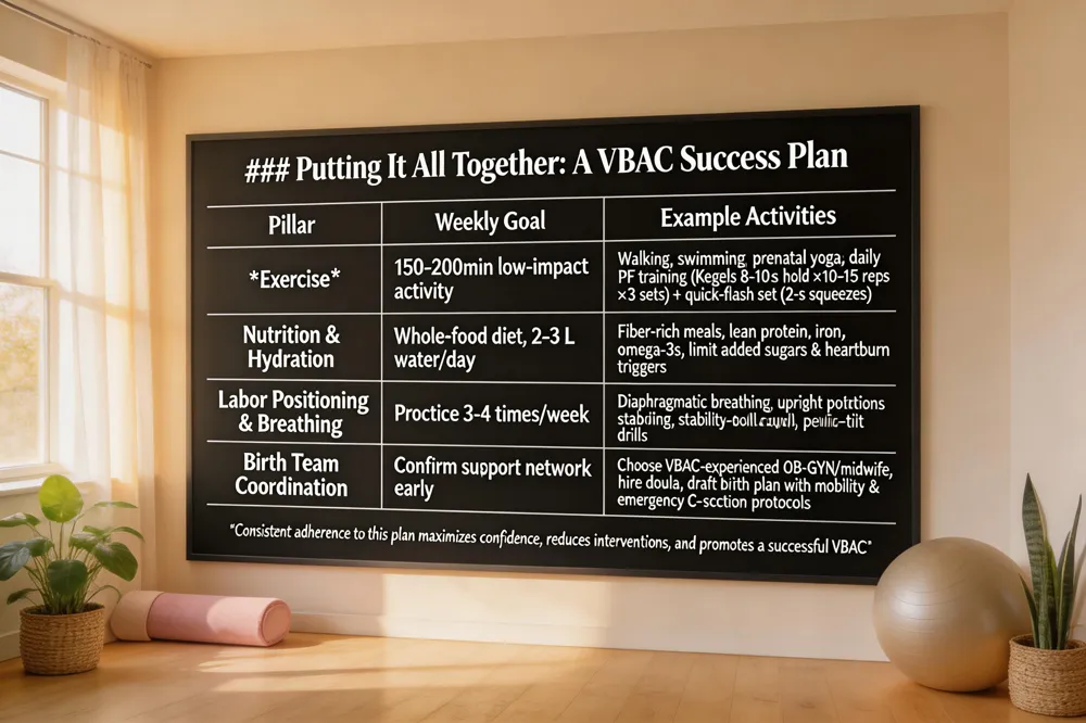 ### Putting It All Together: A VBAC Success Plan
| Pillar | Weekly Goal | Example Activities |
|---|---|---|
| Exercise | 150‑200 min low‑impact activity | Walking, swimming, prenatal yoga; daily PF training (Kegels 8‑10 s hold ×10‑15 reps ×3 sets) + quick‑flash set (2‑s squeezes) |
| Nutrition & Hydration | Whole‑food diet, 2‑3 L water/day | Fiber‑rich meals, lean protein, iron, omega‑3s; limit added sugars & heartburn triggers |
| Labor Positioning & Breathing | Practice 3‑4 times/week | Diaphragmatic breathing, upright positions (standing, stability‑ball squat), pelvic‑tilt drills |
| Birth Team Coordination | Confirm support network early | Choose VBAC‑experienced OB‑GYN/midwife, hire doula, draft birth plan with mobility & emergency C‑section protocols |
Consistent adherence to this plan maximizes confidence, reduces interventions, and promotes a successful VBAC.