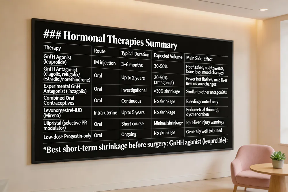 ### Hormonal Therapies Summary
| Therapy | Route | Typical Duration | Expected Volume Reduction | Main Side‑Effects |
|---|---|---|---|---|
| GnRH Agonist (leuprolide) | IM injection | 3–6 months | 30‑50 % | Hot flashes, night sweats, bone loss, mood changes |
| GnRH Antagonist (elagolix, relugolix/estradiol/norethindrone) | Oral | Up to 2 years | 30‑50 % (antagonist) | Fewer hot flashes, possible mild liver enzyme changes |
| Experimental GnRH Antagonist (linzagolix) | Oral | Investigational | Measurable shrinkage (≈30 %) | Similar to other antagonists |
| Combined Oral Contraceptives | Oral | Continuous | No shrinkage | Bleeding control only |
| Levonorgestrel‑IUD (Mirena) | Intra‑uterine | Up to 5 years | No shrinkage | Endometrial thinning, possible dysmenorrhea |
| Ulipristal (selective PR modulator) | Oral | Short course | Minimal shrinkage | Rare liver injury warnings |
| Low‑dose Progestin‑only (post‑hysterectomy or menopause) | Oral | Ongoing | No shrinkage | Generally well‑tolerated |
Best short‑term shrinkage before surgery: GnRH agonist (leuprolide).