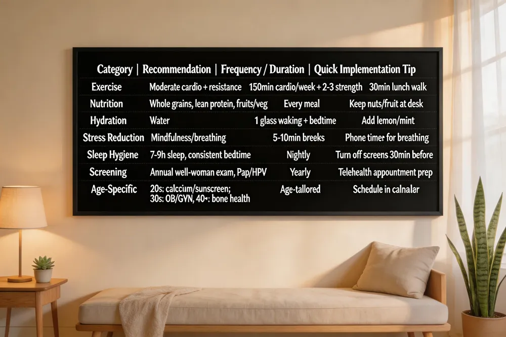 Category | Recommendation | Frequency / Duration | Quick Implementation Tip |
|---|---|---|---|
| Exercise | Moderate‑intensity cardio + resistance training | 150 min cardio/week + 2‑3 strength sessions | 30‑min brisk walk during lunch |
| Nutrition | Whole grains, lean protein, omega‑3s, fruits, veg | Every meal | Keep nuts & fruit at desk |
| Hydration | Water intake | 1 glass on waking + before bed | Add lemon/mint for flavor |
| Stress reduction | Mindfulness / deep‑breathing | 5‑10 min breaks, 2‑3x/week yoga | Use phone timer for breathing |
| Sleep hygiene | 7‑9 h sleep, consistent bedtime, dark cool room | Nightly | Turn off screens 30 min before sleep |
| Screening | Annual well‑woman exam, Pap/HPV, mammogram (40+), bone density | Yearly (or per guideline) | Use telehealth for appointment prep |
| Age‑specific tips | 20s: calcium, cardio+strength, sunscreen; 30s: OB/GYN, folic acid; 40+: bone health, menopause review | Tailored to age | Schedule age‑appropriate checks in calendar