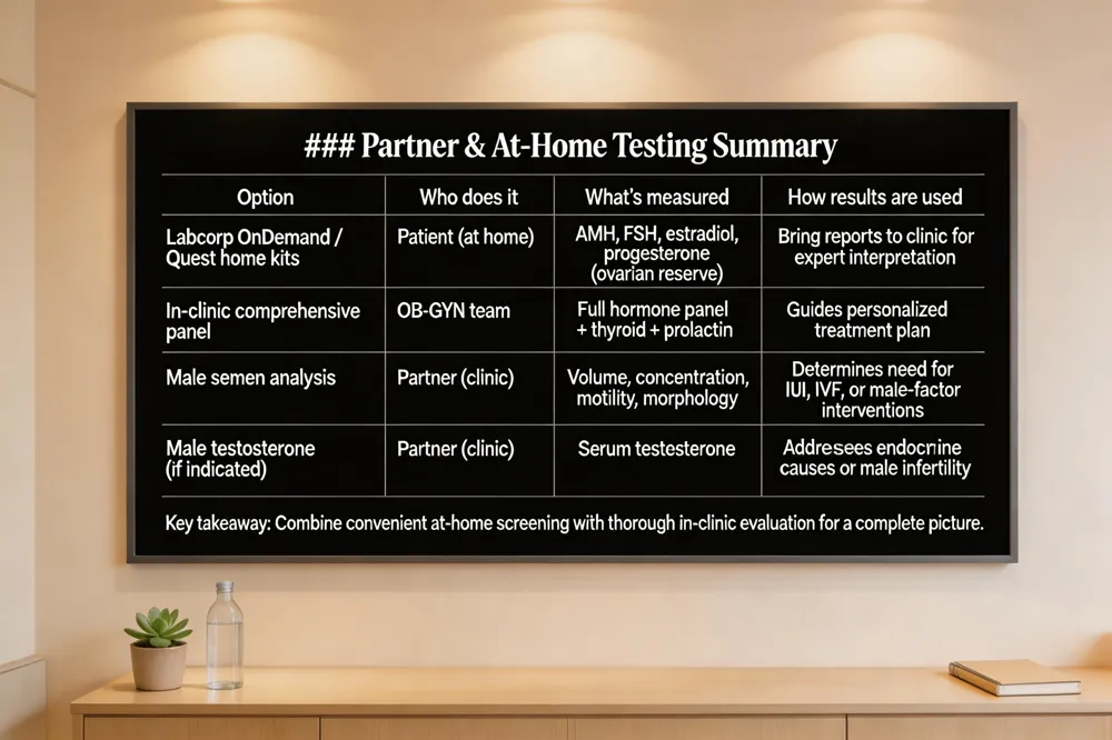 ### Partner & At‑Home Testing Summary
| Option | Who does it | What’s measured | How results are used |
|---|---|---|---|
| Labcorp OnDemand / Quest home kits | Patient (at home) | AMH, FSH, estradiol, progesterone (ovarian reserve) | Bring reports to clinic for expert interpretation |
| In‑clinic comprehensive panel | OB‑GYN team | Full hormone panel + thyroid + prolactin | Guides personalized treatment plan |
| Male semen analysis | Partner (clinic) | Volume, concentration, motility, morphology | Determines need for IUI, IVF, or male‑factor interventions |
| Male testosterone (if indicated) | Partner (clinic) | Serum testosterone | Addresses endocrine causes of male infertility |
Key takeaway: Combine convenient at‑home screening with thorough in‑clinic evaluation for a complete picture.