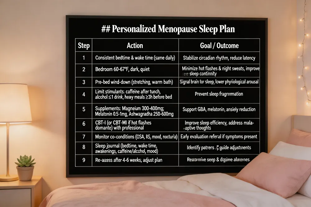 ### Personalized Menopause Sleep Plan
| Step | Action | Goal / Outcome |
|---|---|---|
| 1 | Establish consistent bedtime & wake time (same daily) | Stabilize circadian rhythm, reduce latency |
| 2 | Optimize bedroom environment (60‑67 °F, dark, quiet) | Minimize hot flashes & night sweats, improve sleep continuity |
| 3 | Implement pre‑bedtime wind‑down (stretching, warm bath, calming music) | Signal brain for sleep, lower physiological arousal |
| 4 | Limit stimulants: caffeine after lunch, alcohol ≤1 drink, heavy meals ≥3 h before bed | Prevent sleep fragmentation |
| 5 | Add evidence‑based supplement if needed (magnesium 300‑400 mg; melatonin 0.5‑1 mg; ashwagandha 250‑600 mg) | Support GABA, melatonin, anxiety reduction |
| 6 | Begin CBT‑I (or CBT‑MI if hot flashes dominate) with a trained professional | Improve sleep efficiency, address maladaptive thoughts |
| 7 | Monitor for co‑existing conditions (OSA, RLS, mood, nocturia) | early evaluation referral if symptoms present |
| 8 | Keep a sleep journal (bedtime, wake time, awakenings, caffeine/alcohol, mood) | Identify patterns, guide adjustments with clinician |
| 9 | Re‑assess after 4‑6 weeks; adjust plan (dose, therapy intensity) | Ensure progress toward restorative sleep and daytime alertness |
