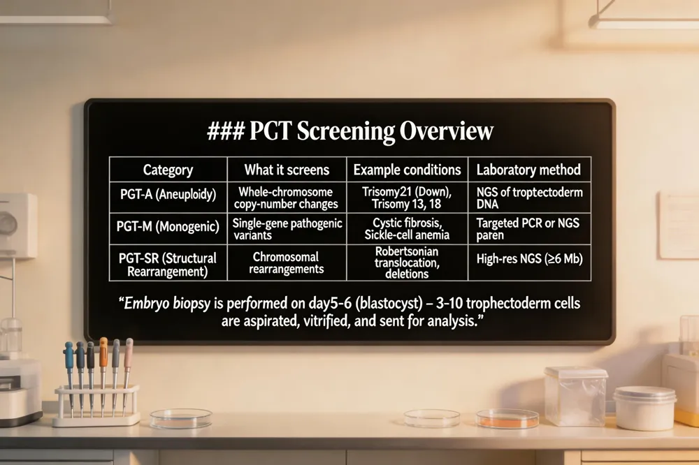 ### PGT Screening Overview
| Category | What it screens | Example conditions | Laboratory method |
|---|---|---|---|
| PGT‑A (Aneuploidy) | Whole‑chromosome copy‑number changes (missing/extra chromosomes) | Trisomy 21 (Down), Trisomy 13, Trisomy 18, Turner, Klinefelter | NGS of trophectoderm DNA (copy‑number analysis) |
| PGT‑M (Monogenic) | Specific single‑gene pathogenic variants | Cystic fibrosis, Sickle‑cell anemia, Huntington’s, BRCA1/2, Fragile‑X | Targeted PCR or NGS panel + linkage analysis |
| PGT‑SR (Structural Rearrangement) | Unbalanced chromosomal rearrangements (deletions, duplications, translocations) | Robertsonian translocation, reciprocal translocation, inversion, insertion | Whole‑genome amplification + high‑resolution NGS (≥6 Mb resolution) |
Embryo biopsy is performed on day 5‑6 (blastocyst) – 3‑10 trophectoderm cells are aspirated, vitrified, and sent for analysis.