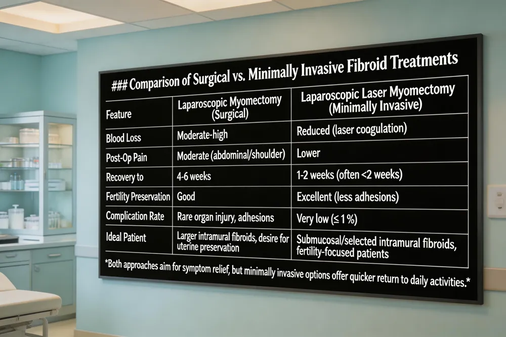 ### Comparison of Surgical vs. Minimally Invasive Fibroid Treatments
| Feature | Laparoscopic Myomectomy (Surgical) | Laparoscopic Laser Myomectomy (Minimally Invasive) |
|---|---|---|
| Blood Loss | Moderate‑high | Reduced (laser coagulation) |
| Post‑Op Pain | Moderate (abdominal/shoulder) | Lower |
| Recovery to | 4‑6 weeks | 1‑2 weeks (often <2 weeks) |
| Fertility Preservation | Good | Excellent (less adhesions) |
| Complication Rate | Rare organ injury, adhesions | Very low (≤1 %) |
| Ideal Patient | Larger intramural fibroids, desire for uterine preservation | Submucosal/selected intramural fibroids, fertility‑focused patients |
Both approaches aim for symptom relief, but minimally invasive options offer quicker return to daily activities.