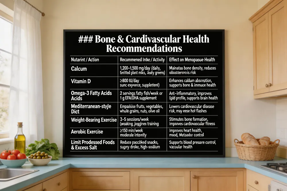 ### Bone & Cardiovascular Health Recommendations
| Nutrient / Action | Recommended Intake / Activity | Effect on Menopause Health |
|---|---|---|
| Calcium | 1,200–1,500 mg/day (dairy, fortified plant milks, leafy greens) | Maintains bone density, reduces osteoporosis risk |
| Vitamin D | ≥800 IU/day (sun exposure, supplement) | Enhances calcium absorption, supports bone & immune health |
| Omega‑3 Fatty Acids | 2 servings fatty fish/week or 1 g EPA/DHA supplement | Anti‑inflammatory, improves lipid profile, supports brain health |
| Mediterranean‑style Diet | Emphasize fruits, vegetables, whole grains, nuts, olive oil | Lowers cardiovascular disease risk, may ease hot flashes |
| Weight‑Bearing Exercise | 3–5 sessions/week (walking, jogging, resistance training) | Stimulates bone formation, improves cardiovascular fitness |
| Aerobic Exercise | ≥150 min/week moderate intensity | Improves heart health, mood, metabolic control |
| Limit Processed Foods & Excess Salt | Reduce packaged snacks, sugary drinks, high‑sodium items | Supports blood pressure control, vascular health |
