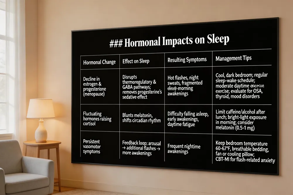 ### Hormonal Impacts on Sleep
| Hormonal Change | Effect on Sleep | Resulting Symptoms | Management Tips |
|---|---|---|---|
| Decline in estrogen & progesterone (menopause) | Disrupts thermoregulatory & GABA pathways; removes progesterone’s sedative effect | Hot flashes, night sweats, fragmented sleep, early‑morning awakenings | Cool, dark bedroom; regular sleep‑wake schedule; moderate daytime exercise; evaluate for OSA, thyroid, mood disorders |
| Fluctuating hormones raising cortisol | Blunts melatonin, shifts circadian rhythm | Difficulty falling asleep, early awakenings, daytime fatigue | Limit caffeine/alcohol after lunch; bright‑light exposure in morning; consider melatonin (0.5‑1 mg) |
| Persistent vasomotor symptoms | Feedback loop: arousal → additional flashes → more awakenings | Frequent nighttime awakenings | Keep bedroom temperature 60‑67 °F; breathable bedding; fan or cooling pillow; CBT‑MI for flash‑related anxiety |
