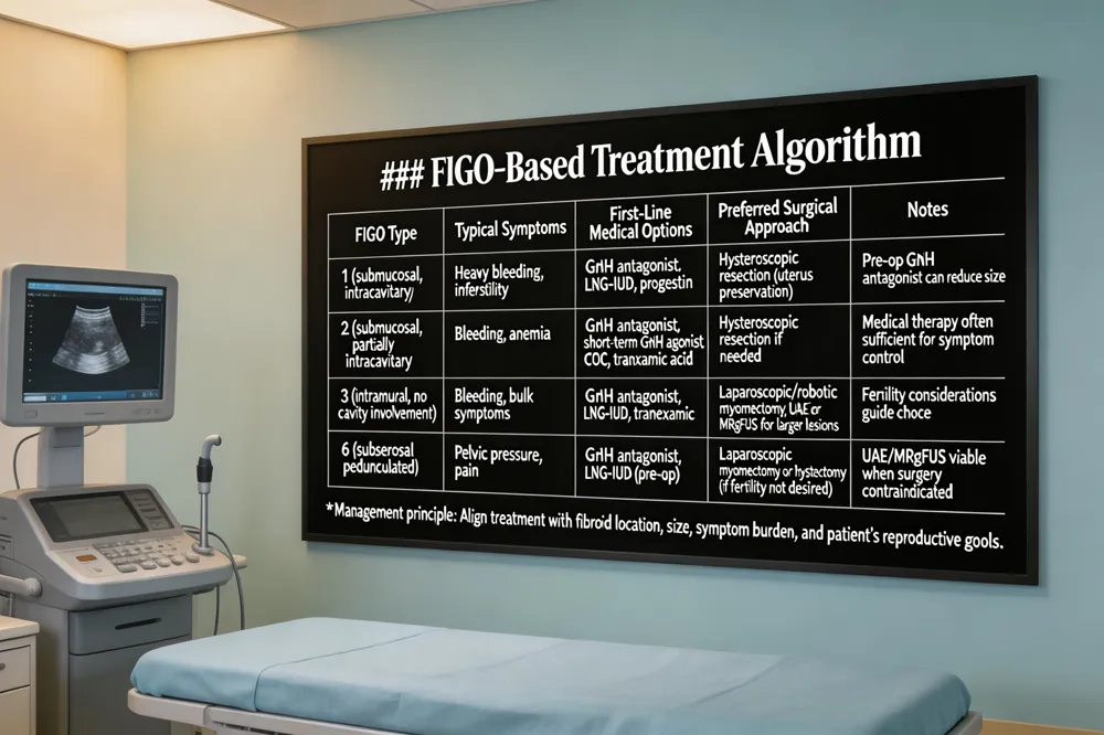 ### FIGO‑Based Treatment Algorithm
| FIGO Type | Typical Symptoms | First‑Line Medical Options | Preferred Surgical Approach | Notes |
|---|
| 1 (submucosal, intracavitary) | Heavy bleeding, infertility | GnRH antagonist, LNG‑IUD, progestin | Hysteroscopic resection (uterus preservation) | Pre‑op GnRH antagonist can reduce size n| 2 (submucosal, partially intracavitary) | Bleeding, anemia | GnRH antagonist, short‑term GnRH agonist, COC, tranexamic acid | Hysteroscopic resection if needed | Medical therapy often sufficient for symptom control | | 3 (intramural, no cavity involvement) | Bleeding, bulk symptoms | GnRH antagonist, LNG‑IUD, tranexamic acid | Laparoscopic/robotic myomectomy; UAE or MRgFUS for larger lesions | Fertility considerations guide choice | | 6 (subserosal pedunculated) | Pelvic pressure, pain | GnRH antagonist, LNG‑IUD (pre‑op) | Laparoscopic myomectomy or hysterectomy (if fertility not desired) | UAE/MRgFUS viable when surgery contraindicated |
Management principle: Align treatment with fibroid location, size, symptom burden, and patient’s reproductive goals.
