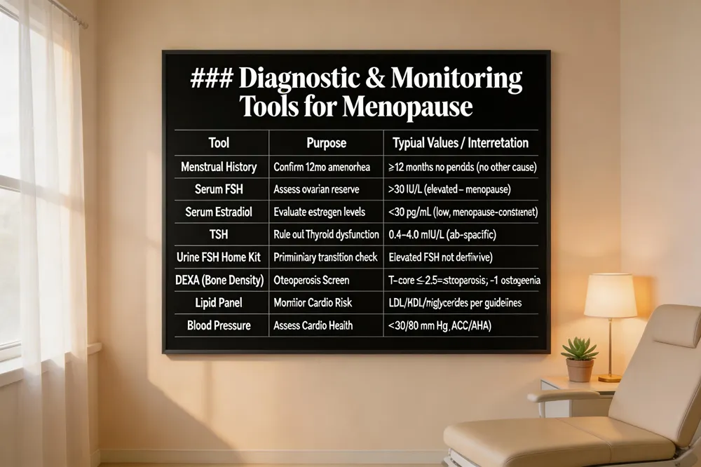 ### Diagnostic & Monitoring Tools for Menopause
| Tool | Purpose | Typical Values / Interpretation |
|---|---|---|
| Menstrual History | Confirm 12 consecutive months of amenorrhea | No periods for ≥12 months (no other cause) |
| Serum FSH | Assess ovarian reserve | Elevated (>30 IU/L) suggests menopause |
| Serum Estradiol | Evaluate estrogen levels | Low (<30 pg/mL) consistent with menopause |
| TSH | Rule out thyroid dysfunction (can mimic symptoms) | 0.4–4.0 mIU/L (lab‑specific) |
| Urine FSH Home Kit | Preliminary indication of transition | Elevated FSH, but variability limits definitive diagnosis |
| Bone Mineral Density (DEXA) | Screen for osteoporosis risk | T‑score ≤ ‑2.5 = osteoporosis; between ‑1 and ‑2.5 = osteopenia |
| Lipid Panel | Monitor cardiovascular risk | LDL, HDL, triglycerides per guideline targets |
| Blood Pressure Monitoring | Assess cardiovascular health | <130/80 mm Hg (per ACC/AHA) |
