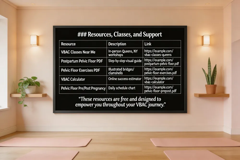 ### Resources, Classes, and Support
| Resource | Description | Link |
|---|---|---|
| VBAC Classes Near Me | In‑person workshops & one‑on‑one counseling in Queens, NY (Raveco, NY‑Presbyterian/Queens, Mount Sinai Queens) | https://example.com/vbac-classes-queens |
| Postpartum Pelvic Floor Exercises PDF | Step‑by‑step guide with visuals, progress charts, diastasis recti modifications | https://example.com/postpartum-pelvic-floor.pdf |
| Pelvic Floor Exercises PDF with Pictures | Printable PDF illustrating bridges, clamshells, seated contractions | https://example.com/pelvic-floor-exercises.pdf |
| VBAC Calculator | Online tool estimating VBAC success based on age, BMI, obstetric history | https://example.com/vbac-calculator |
| Pelvic Floor Exercises Before & After Pregnancy | Scheduling chart for daily Kegels, core moves, and post‑delivery progression | https://example.com/pelvic-floor-prepost.pdf |
These resources are free and designed to empower you throughout your VBAC journey.