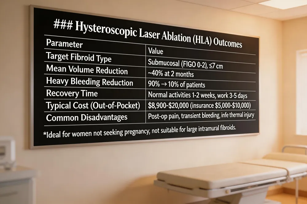 ### Hysteroscopic Laser Ablation (HLA) Outcomes
| Parameter | Value |
|---|---|
| Target Fibroid Type | Submucosal (FIGO 0‑2), ≤7 cm |
| Mean Volume Reduction | ~40 % at 2 months |
| Heavy Bleeding Reduction | 90 % → 10 % of patients |
| Recovery Time | Normal activities 1‑2 weeks; work 3‑5 days |
| Typical Cost (Out‑of‑Pocket) | $8,900‑$20,000 (insurance $5,000‑$10,000) |
| Common Disadvantages | Post‑op pain, transient bleeding, infection, rare thermal injury |
Ideal for women not seeking pregnancy; not suitable for large intramural fibroids.