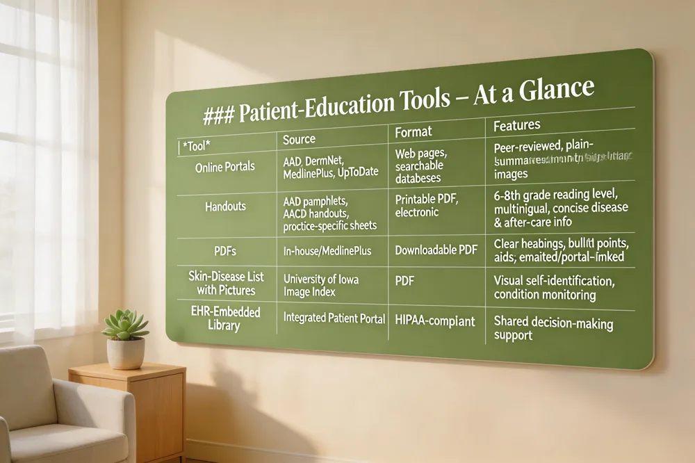 ### Patient‑Education Tools – At a Glance
| Tool | Source | Format | Features |
|---|---|---|---|
| Online Portals | AAD, DermNet, MedlinePlus, UpToDate | Web pages, searchable databases | Peer‑reviewed, plain‑language summaries, high‑quality images |
| Handouts | AAD pamphlets, AACD handouts, practice‑specific sheets | Printable PDF, electronic | 6‑8th grade reading level, multilingual, concise disease & after‑care info |
| PDFs | In‑house or adapted from MedlinePlus | Downloadable PDF | Clear headings, bullet points, visual aids; emailed or portal‑linked |
| Skin‑Disease List with Pictures | University of Iowa Image Index or custom | Visual reference for self‑identification, condition monitoring | |
| EHR‑Embedded Library | Integrated into patient portal | Secure, HIPAA‑compliant | Consistent delivery, shared decision‑making support |
| 