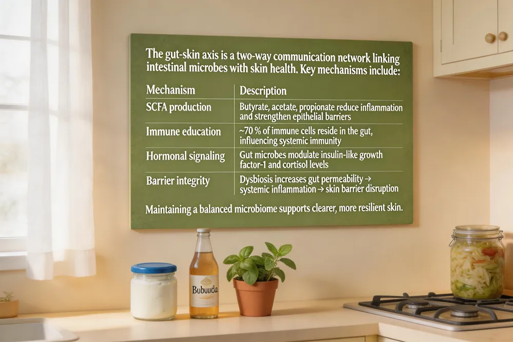 The gut‑skin axis is a two‑way communication network linking intestinal microbes with skin health. Key mechanisms include:
| Mechanism | Description |
|---|---|
| SCFA production | Butyrate, acetate, propionate reduce inflammation and strengthen epithelial barriers |
| Immune education | ~70 % of immune cells reside in the gut, influencing systemic immunity |
| Hormonal signaling | Gut microbes modulate insulin‑like growth factor‑1 and cortisol levels |
| Barrier integrity | Dysbiosis increases gut permeability → systemic inflammation → skin barrier disruption |
Maintaining a balanced microbiome supports clearer, more resilient skin.