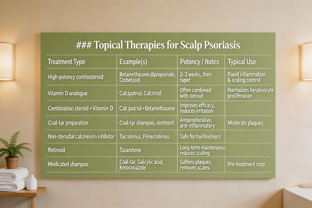 ### Topical Therapies for Scalp Psoriasis
| Treatment Type | Example(s) | Potency / Notes | Typical Use |
|---|---|---|---|
| High‑potency corticosteroid | Betamethasone dipropionate, Clobetasol propionate | 2‑3 weeks, then taper | Rapid inflammation & scaling control |
| Vitamin D analogue | Calcipotriol, Calcitriol | Often combined with steroid | Normalizes keratinocyte proliferation |
| Combination steroid + Vitamin D | Calcipotriol + Betamethasone | Improves efficacy, reduces irritation | |
| Coal‑tar preparation | Coal‑tar shampoo, ointment | Antiproliferative, anti‑inflammatory | Useful for moderate plaques |
| Non‑steroidal calcineurin inhibitor | Tacrolimus, Pimecrolimus | Safe for sensitive areas (hairline, ears) | |
| Retinoid | Tazarotene | Long‑term maintenance, reduces scaling | |
| Medicated shampoo (pre‑treatment) | Coal‑tar, Salicylic acid, Ketoconazole | Softens plaques, removes scales | First step before topical agents |
| 