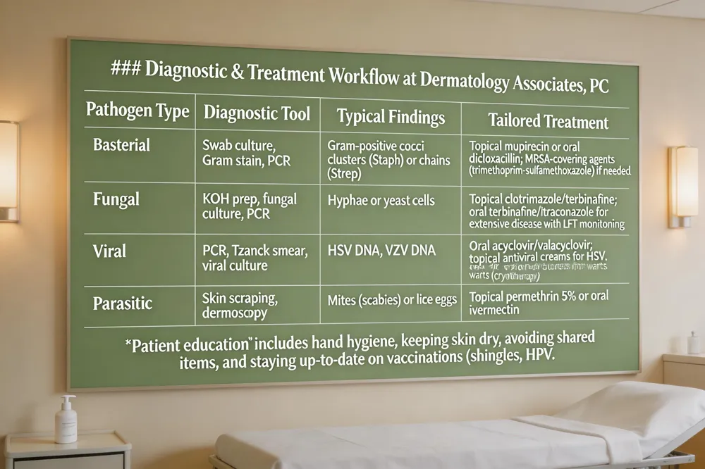 ### Diagnostic & Treatment Workflow at Dermatology Associates, PC
| Pathogen Type | Diagnostic Tool | Typical Findings | Tailored Treatment |
|---|---|---|---|
| Bacterial | Swab culture, Gram stain, PCR | Gram‑positive cocci clusters (Staph) or chains (Strep) | Topical mupirocin or oral dicloxacillin; MRSA‑covering agents (trimethoprim‑sulfamethoxazole) if needed |
| Fungal | KOH prep, fungal culture, PCR | Hyphae or yeast cells | Topical clotrimazole/terbinafine; oral terbinafine/itraconazole for extensive disease with LFT monitoring |
| Viral | PCR, Tzanck smear, viral culture | HSV DNA, VZV DNA | Oral acyclovir/valacyclovir; topical antiviral creams for HSV; lesion‑specific procedures for warts (cryotherapy) |
| Parasitic | Skin scraping, dermoscopy | Mites (scabies) or lice eggs | Topical permethrin 5 % or oral ivermectin |
Patient education includes hand hygiene, keeping skin dry, avoiding shared items, and staying up‑to‑date on vaccinations (shingles, HPV). 