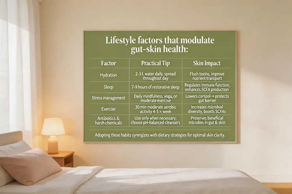 Lifestyle factors that modulate gut‑skin health:
| Factor | Practical Tip | Skin Impact |
|---|---|---|
| Hydration | 2‑3 L water daily, spread throughout day | Flush toxins, improve nutrient transport |
| Sleep | 7‑9 hours of restorative sleep | Regulates immune function, enhances SCFA production |
| Stress management | Daily mindfulness, yoga, or moderate exercise | Lowers cortisol → protects gut barrier |
| Exercise | 30 min moderate aerobic activity 4‑5 × week | Increases microbial diversity, boosts SCFAs |
| Antibiotics & harsh chemicals | Use only when necessary; choose pH‑balanced cleansers | Preserves beneficial microbes in gut & skin |
Adopting these habits synergizes with dietary strategies for optimal skin clarity.