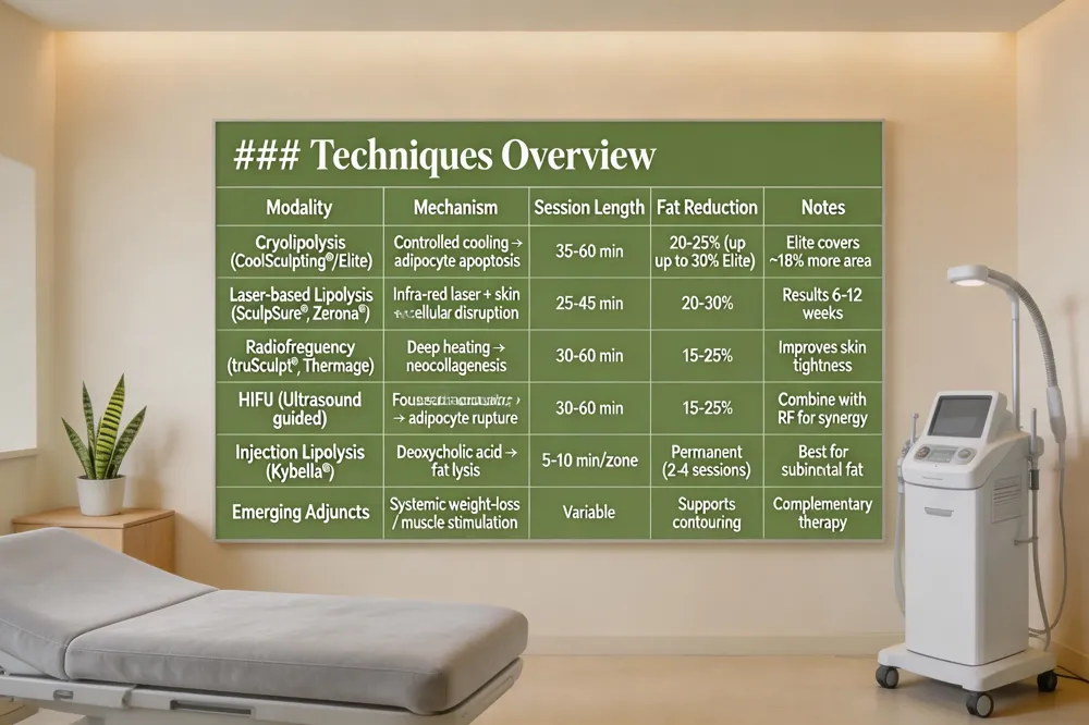 ### Techniques Overview
| Modality | Mechanism | Typical Session Length | Expected Fat Reduction per Cycle | Notes |
|---|---|---|---|---|
| Cryolipolysis (CoolSculpting® / Elite) | Controlled cooling → adipocyte apoptosis | 35‑60 min | 20‑25 % thickness loss (up to 30 % with Elite) | Elite applicators cover ~18 % more surface area |
| Laser‑based lipolysis (SculpSure®, Zerona®) | Infra‑red laser heating + skin cooling → cellular disruption & collagen tightening | 25‑45 min | 20‑30 % thickness loss | Results visible 6‑12 weeks |
| Radiofrequency (truSculpt®, Thermage) | Deep dermal heating → neocollagenesis & fat apoptosis | 30‑60 min | 15‑25 % thickness loss | Improves skin tightness |
| Ultrasound‑guided (HIFU) | Focused acoustic energy → adipocyte rupture | 30‑60 min | 15‑25 % thickness loss | Often combined with RF for synergy |
| Injection lipolysis (Kybella®) | Deoxycholic acid subcutaneous injection → fat cell lysis | 5‑10 min per injection zone | Permanent loss of treated cells (2‑4 sessions) | Best for submental fat |
| Emerging adjuncts (GLP‑1 agonists, magnetic muscle stimulation) | Systemic weight‑loss support or supramaximal muscle contractions | Variable | Supports contouring results | Used as complementary therapy |
| 