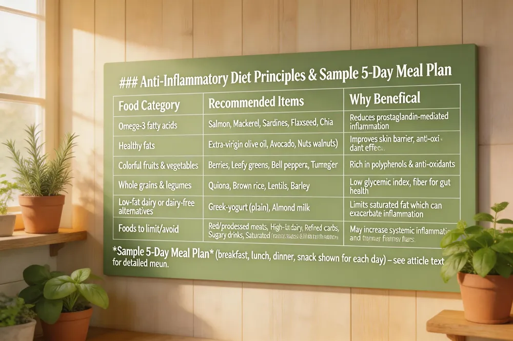 ### Anti‑Inflammatory Diet Principles & Sample 5‑Day Meal Plan
| Food Category | Recommended Items | Why Beneficial |
|---|---|---|
| Omega‑3 fatty acids | Salmon, Mackerel, Sardines, Flaxseed, Chia | Reduces prostaglandin‑mediated inflammation |
| Healthy fats | Extra‑virgin olive oil, Avocado, Nuts (almonds, walnuts) | Improves skin barrier, anti‑oxidant effects |
| Colorful fruits & vegetables | Berries, Leafy greens, Bell peppers, Turmeric, Ginger | Rich in polyphenols & anti‑oxidants |
| Whole grains & legumes | Quinoa, Brown rice, Lentils, Barley | Low glycemic index, fiber for gut health |
| Low‑fat dairy or dairy‑free alternatives | Greek‑yogurt (plain), Almond milk | Limits saturated fat which can exacerbate inflammation |
| Foods to limit/avoid | Red/processed meats, High‑fat dairy, Refined carbs, Sugary drinks, Saturated/trans fats, Excess alcohol, Nightshade (if sensitive) | May increase systemic inflammation and trigger flares |
Sample 5‑Day Meal Plan (breakfast, lunch, dinner, snack shown for each day) – see article text for detailed menu. 