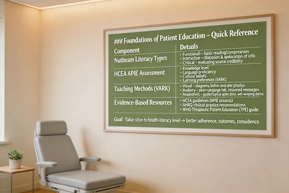 ### Foundations of Patient Education – Quick Reference
| Component | Details |
|---|---|
| Nutbeam Literacy Types | • Functional – basic reading/comprehension<br>• Interactive – discussion & application of info<br>• Critical – evaluating source credibility |
| HCEA APIE Assessment | • Knowledge level<br>• Language proficiency<br>• Cultural beliefs<br>• Learning preferences (VARK) |
| Teaching Methods (VARK) | • Visual – diagrams, before‑and‑after photos<br>• Auditory – plain‑language talk, recorded messages<br>• Readesthetic – guided topical application, wet‑wrapping demos |
| Evidence‑Based Resources | • HCEA guidelines (APIE process)<br>• AHRQ clinical practice recommendations<br>• WHO Therapeutic Patient Education (TPE) guide |
| Goal | Tailor education to health‑literacy level → better adherence, outcomes, confidence |
| 
