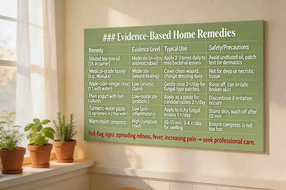 ### Evidence‑Based Home Remedies
| Remedy | Evidence Level | Typical Use | Safety/Precautions |
|---|---|---|---|
| Diluted tea‑tree oil (5 % in carrier) | Moderate (in‑vitro antimicrobial) | Apply 2‑3 times daily to mild bacterial lesions | Avoid undiluted oil; patch test for dermatitis |
| Medical‑grade honey (e.g., Manuka) | Moderate (wound healing) | Cover clean wound, change dressing daily | Not for deep or necrotic tissue |
| Apple‑cider‑vinegar rinse (1:1 with water) | Low (anionctic claim) | Gentle rinse 2 ×/day for fungal‑type patches | Rinse off; can irritate broken skin |
| Plain yogurt with live cultures | Low‑moderate (probiotic) | Apply as a paste for candidal rashes 2 ×/day | Discontinue if irritation occurs |
| Turmeric‑water paste (½ tsp turmeric in 2 tbsp water) | Low (anti‑inflammatory) | Apply to itchy fungal lesions 1 ×/day | Stains skin; wash off after 15 min |
| Warm moist compress | High (symptom relief) | 10‑15 min, 3‑4 ×/day for swelling | Ensure compress is not too hot |
Red‑flag signs (spreading redness, fever, increasing pain) → seek professional care. 