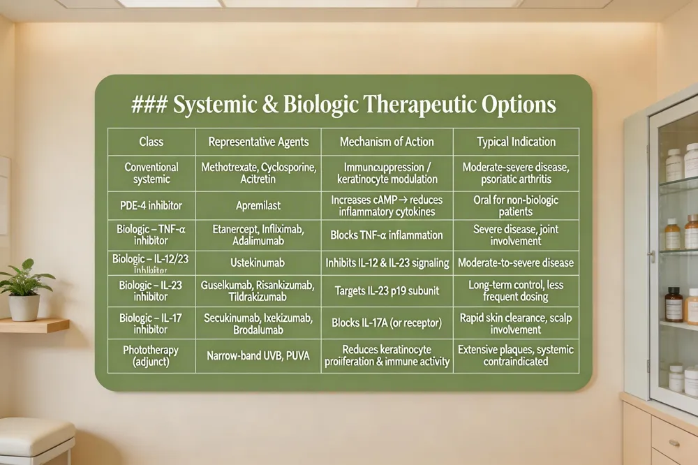 ### Systemic & Biologic Therapeutic Options
| Class | Representative Agents | Mechanism of Action | Typical Indication |
|---|---|---|---|
| Conventional systemic | Methotrexate, Cyclosporine, Oral retinoids (Acitretin) | Immunosuppression / modulation of keratinocyte differentiation | Moderate‑to‑severe disease, psoriatic arthritis |
| PDE‑4 inhibitor | Apremilast | Increases cAMP → reduces inflammatory cytokines | Oral option for patients unsuitable for biologics |
| Biologic – TNF‑α inhibitor | Etanercept, Infliximab, Adalimumab | Blocks TNF‑α mediated inflammation | Severe disease, joint involvement |
| Biologic – IL‑12/23 inhibitor | Ustekinumab | Inhibits IL‑12 & IL‑23 signaling | Moderate‑to‑severe disease |
| Biologic – IL‑23 inhibitor | Guselkumab, Risankizumab, Tildrakizumab | Targets IL‑23 p19 subunit | Long‑term control, less frequent dosing |
| Biologic – IL‑17 inhibitor | Secukinumab, Ixekizumab, Brodalumab | Blocks IL‑17A (or receptor) | Rapid skin clearance, good for scalp involvement |
| Phototherapy (adjunct) | Narrow‑band UVB, PUVA | Reduces keratinocyte proliferation & immune activity | Extensive plaques, when systemic contraindicated |
| 