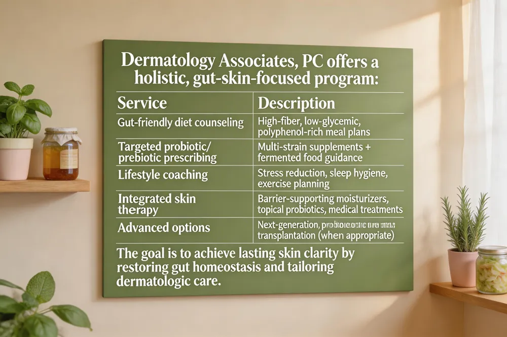 Dermatology Associates, PC offers a holistic, gut‑skin‑focused program:
| Service | Description |
|---|---|
| Gut‑friendly diet counseling | High‑fiber, low‑glycemic, polyphenol‑rich meal plans |
| Targeted probiotic/prebiotic prescribing | Multi‑strain supplements + fermented food guidance |
| Lifestyle coaching | Stress reduction, sleep hygiene, exercise planning |
| Integrated skin therapy | Barrier‑supporting moisturizers, topical probiotics, medical treatments |
| Advanced options | Next‑generation probiotics, postbiotic creams, fecal microbiota transplantation (when appropriate) |
The goal is to achieve lasting skin clarity by restoring gut homeostasis and tailoring dermatologic care.