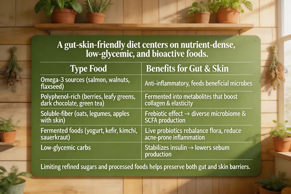 A gut‑skin‑friendly diet centers on nutrient‑dense, low‑glycemic, and bioactive foods.:
| Type Food | Benefits for Gut & Skin |
|---|---|
| Omega‑3 sources (salmon, walnuts, flaxseed) | Anti‑inflammatory, feeds beneficial microbes |
| Polyphenol‑rich (berries, leafy greens, dark chocolate, green tea) | Fermented into metabolites that boost collagen & elasticity |
| Soluble‑fiber (oats, legumes, apples with skin) | Prebiotic effect → diverse microbiome & SCFA production |
| Fermented foods (yogurt, kefir, kimchi, sauerkraut) | Live probiotics rebalance flora, reduce acne‑prone inflammation |
| Low‑glycemic carbs | Stabilizes insulin → lowers sebum production |
Limiting refined sugars and processed foods helps preserve both gut and skin barriers.