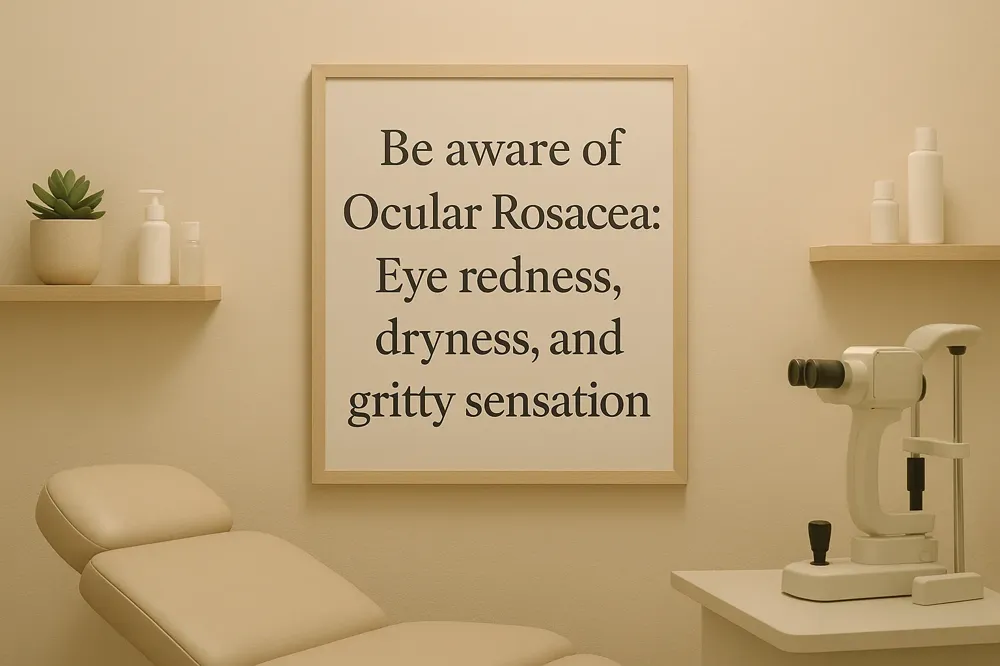 Be aware of Ocular Rosacea: Eye redness, dryness, and gritty sensation