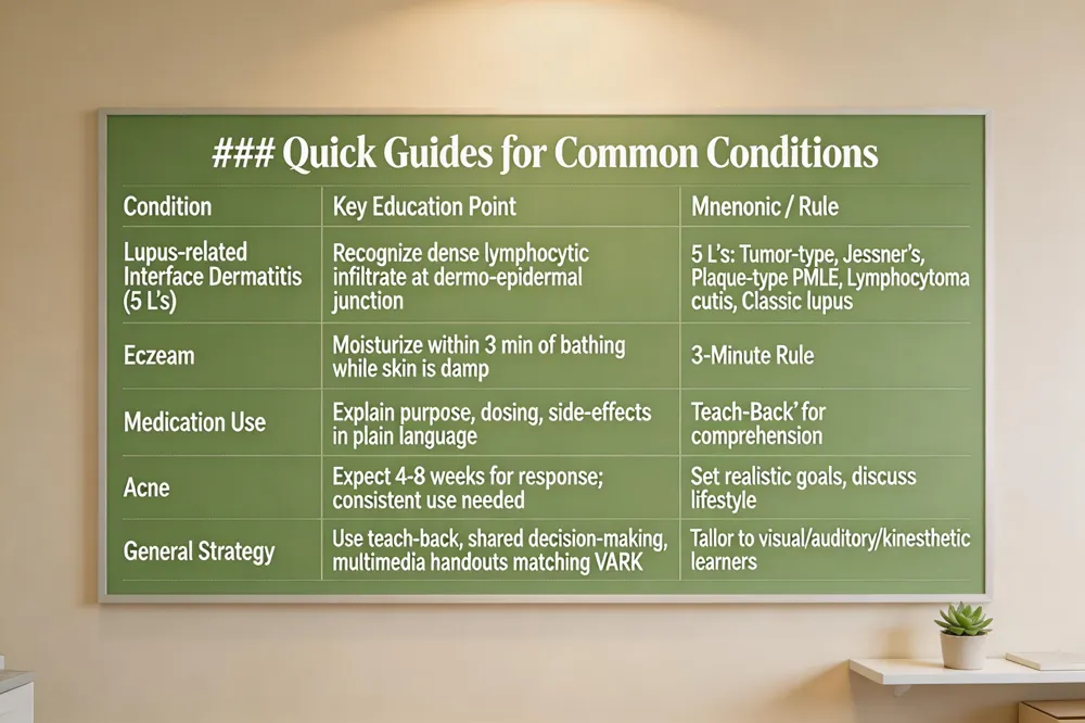 ### Quick Guides for Common Conditions
| Condition | Key Education Point | Mnemonic / Rule |
|---|---|---|
| Lupus‑related Interface Dermatitis (5 L’s) | Recognize dense lymphocytic infiltrate at dermo‑epidermal junction | 5 L’s: Tumor‑type, Jessner’s, Plaque‑type PMLE, Lymphocytoma cutis, Classic lupus |
| Eczema | Moisturize within 3 min of bathing while skin is damp | 3‑Minute Rule |
| Medication Use | Explain purpose, dosing, side‑effects in plain language | Teach‑Back for comprehension |
| Acne | Expect 4‑8 weeks for response; consistent use needed | Set realistic goals, discuss lifestyle |
| General Strategy | Use teach‑back, shared decision‑making, multimedia handouts matching VARK | Tailor to visual/auditory/kinesthetic learners |
| 