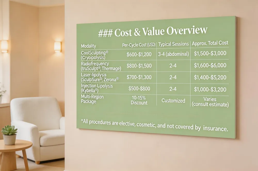 ### Cost & Value Overview
| Modality | Per‑Cycle Cost (USD) | Typical Number of Sessions | Approx. Total Cost |
|---|---|---|---|
| CoolSculpting® (Cryolipolysis) | $600‑$1,200 | 3‑4 (abdominal) | $1,500‑$3,000 |
| Radiofrequency (truSculpt®, Thermage) | $800‑$1,500 | 2‑4 | $1,600‑$6,000 |
| Laser‑lipolysis (SculpSure®, Zerona®) | $700‑$1,300 | 2‑4 | $1,400‑$5,200 |
| Injection Lipolysis (Kybella®) | $500‑$800 per session (submental) | 2‑4 | $1,000‑$3,200 |
| Multi‑Region Package (combined modalities) | Discounted per‑cycle rate (≈10‑15 % off) | Customized | Varies – transparent estimate provided at consult |
All procedures are elective, cosmetic, and not covered by insurance. 