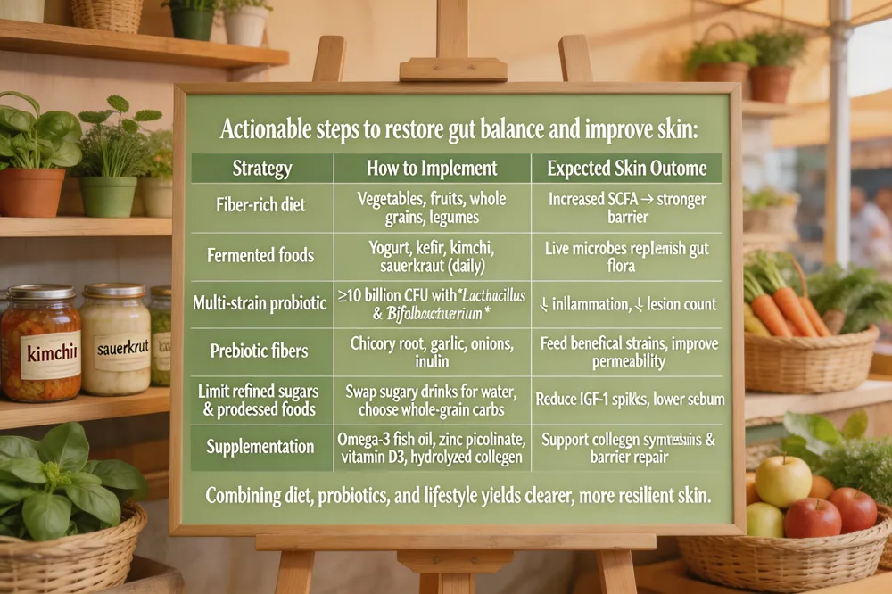 Actionable steps to restore gut balance and improve skin:
| Strategy | How to Implement | Expected Skin Outcome |
|---|---|---|
| Fiber‑rich diet | Vegetables, fruits, whole grains, legumes | Increased SCFA → stronger barrier |
| Fermented foods | Yogurt, kefir, kimchi, sauerkraut (daily) | Live microbes replenish gut flora |
| Multi‑strain probiotic | ≥10 billion CFU with Lactobacillus & Bifidobacterium | ↓ inflammation, ↓ lesion count |
| Prebiotic fibers | Chicory root, garlic, onions, inulin | Feed beneficial strains, improve permeability |
| Limit refined sugars & processed foods | Swap sugary drinks for water, choose whole‑grain carbs | Reduce IGF‑1 spikes, lower sebum |
| Supplementation | Omega‑3 fish oil, zinc picolinate, vitamin D3, hydrolyzed collagen | Support collagen synthesis & barrier repair |
Combining diet, probiotics, and lifestyle yields clearer, more resilient skin.