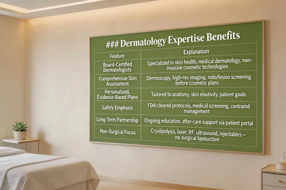 ### Dermatology Expertise Benefits
| Feature | Explanation |
|---|---|
| Board‑Certified Dermatologists | Specialized in skin health, medical dermatology, and non‑invasive cosmetic technologies |
| Comprehensive Skin Assessment | Dermoscopy, high‑resolution imaging, mole/lesion screening before any cosmetic plan |
| Personalized, Evidence‑Based Plans | Modality selection tailored to anatomy, skin elasticity, and patient goals |
| Safety Emphasis | Strict FDA‑cleared protocols, thorough medical screening, contraind management |
| Long‑Term Partnership | Ongoing education, lifestyle counseling, after‑care support via patient portal |
| Non‑Surgical Focus | Expertise in cryolipolysis, laser, RF, ultrasound, and injectable deoxycholate – no surgical liposuction |
| 