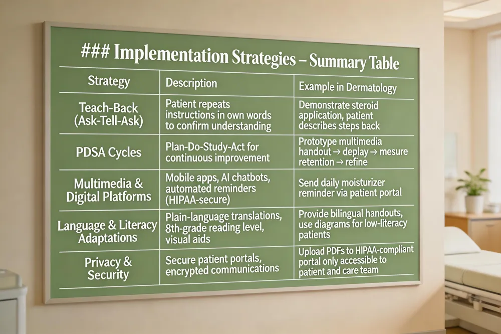 ### Implementation Strategies – Summary Table
| Strategy | Description | Example in Dermatology |
|---|---|---|
| Teach‑Back (Ask‑Tell‑Ask) | Patient repeats instructions in own words to confirm understanding | Demonstrate steroid application, patient describes steps backn |
| Multimedia & Digital Platforms | Mobile apps, AI chatbots, automated reminders (HIPAA‑secure) | Send daily moisturizer reminder via patient portal |
| Language & Literacy Adaptations | Plain‑language translations, 8th‑grade reading level, visual aids | Provide bilingual handouts, use diagrams for low‑literacy patients |
| Privacy & Security | Secure patient portals, encrypted communications | Upload PDFs to HIPAA‑compliant portal only accessible to patient and care team |
| 
