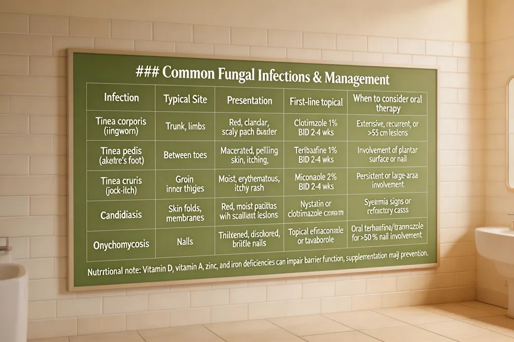 ### Common Fungal Infections & Management
| Infection | Typical Site | Presentation | First‑line topical | When to consider oral therapy |
|---|---|---|---|---|
| Tinea corporis (ringworm) | Trunk, limbs | Red, circular, scaly patch with raised border | Clotrimazole 1% BID 2‑4 wks | Extensive, recurrent, or >5 cm lesions |
| Tinea pedis (athlete’s foot) | Between toes | Macerated, peeling skin, itching | Terbinafine 1% BID 2‑4 wks | Involvement of plantar surface or nail |
| n | Tinea cruris (jock‑itch) | Groin, inner thighs | Moist, erythematous, itchy rash | Miconazole 2% BID 2‑4 wks |
| Candidiasis | Skin folds, mucous membranes | Red, moist patches with satellite lesions | Nystatin or clotrimazole cream BID 2‑4 wks | Systemic signs or refractory cases |
| Onychomycosis | Nails | Thickened, discolored, brittle nails | Topical efinaconazole or tavaborole | Oral terbinafine/itraconazole for >50 % nail involvement |
Nutritional note: Vitamin D, vitamin A, zinc, and iron deficiencies can impair barrier function; supplementation may aid prevention. 